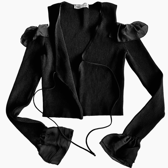 Zara cold shoulder ruffle ribbed knit black v-neck cardigan tie front size small - Picture 16 of 16